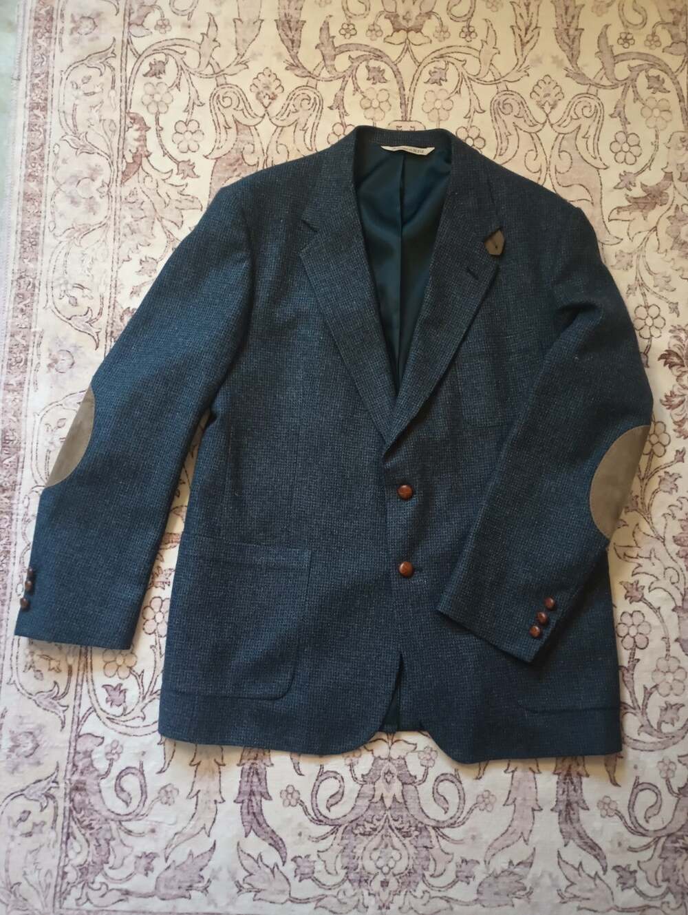 Vtg Stafford Mens Academia Tweed Blazer 46L Wood Button Elbow Patch USA Heritage